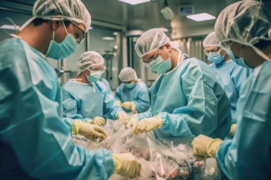 Organ transplantation medical professionals prepare a donor's organs for transportation hospitals