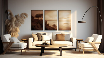 Stylish Living Room Interior with Mockup Frame Poster, Modern interior design, 3D render, 3D illustration