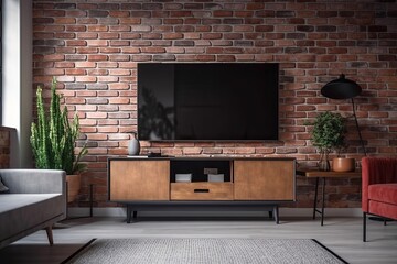 Modern living room with red brick walls and a TV mockup on the cabinet. Generative AI