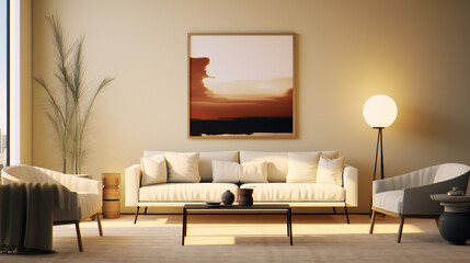 Stylish Living Room Interior with Mockup Frame Poster, Modern interior design, 3D render, 3D illustration
