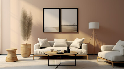 Stylish Living Room Interior with Mockup Frame Poster, Modern interior design, 3D render, 3D illustration