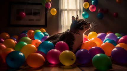 Fototapeta na wymiar 🌈 Capture the whimsy of a mischievous Tabby cat playing with a rainbow of balloons! 