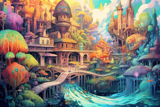 Imaginary world with mushrooms and castles. Fantasy cartoon illustration. Abstract art