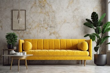 Modern minimalist living room with a yellow sofa against a white wall and granite tile flooring. Generative AI