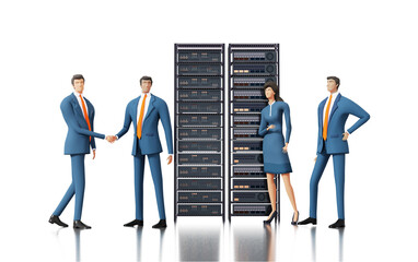 Businesspeople handshake next to computer rack in server room. Technology, AI concept 3D rendering illustration