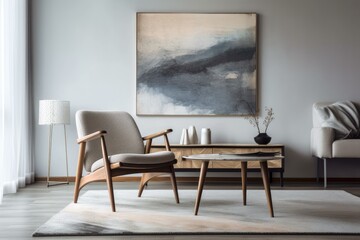 Modern wooden coffee table and stylish grey chair in an empty living room. Generative AI