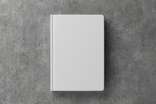 Closed blank hardback book mockup on gray concrete background, top view. Mockup book, notepad. Blank white book for your design. 3d render.