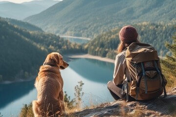portrait of woman and her dog enjoying hiking. AI Generative