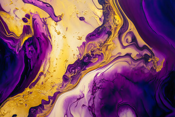 Fluid Art. Liquid purple ink and gold metallic abstract drips and wave. Generative AI illustration