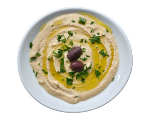 greek hummus in dish on transparent background shot from overhead view 