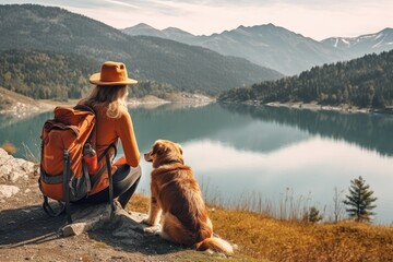 portrait of woman and her dog enjoying hiking. AI Generative