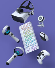 Top view gamer gears like joystick, keyboard, headphones and web camera © Vasyl Onyskiv