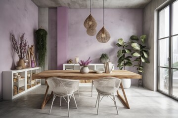 Modern dining room design in a rural apartment; white and lilac color scheme; handcrafted wooden table; rattan seats; and shelved, molded concrete walls. background graphics with copy space