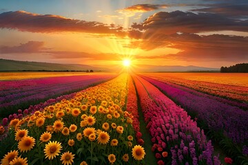 field of flowers under sunrise  generated ai