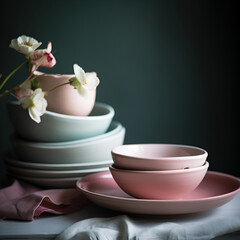 Obraz na płótnie Canvas Household ceramic items. Pastel color crockery: stacks of bowls and mugs. AI generated
