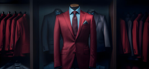 bordeaux suit on a hanger in clothes chop