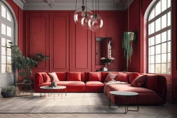 Modern room design, Red Sofa furniture, and minimal decor. Generative AI