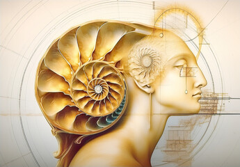 With the help of the shell, with an artistic approach, a formally and aesthetically unusual representation of the golden ratio. The concept of the golden ratio. AI generated.