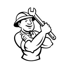 Mascot illustration of bust of a diesel service technician, mechanic or diesel technician holding shifter spanner wrench front wearing full brim hard hat on isolated background in retro cartoon style.