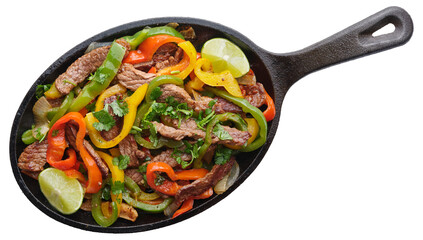 mexican steak fajitas in cast iron skillet on transparent background shot from overhead view  - 616239905