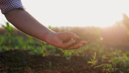 Close up of male hands touching dry ground in an agricultural field, Soil, cultivated dirt, earth, ground,