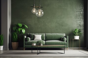 Modern minimalist living room with granite tiles, a sofa, plants, and a lamp on the green wall. Generative AI