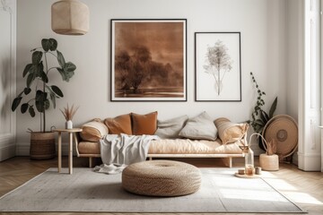 mock up poster frame in a Scandinavian boho styled interior of a home. Generative AI