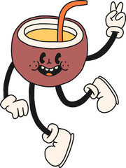 Coconut summer cocktail drink character illustration with happy smile on face in retro groovy style. Cute doodle hand drawn cartoon character