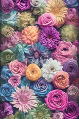 Pastel colored flowers background. Ai generated art.