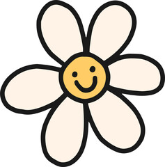 Daisy flower illustration with happy smile on face in retro groovy style. Cute doodle hand drawn cartoon character