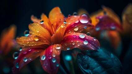 Tropical flower with water drops close up image. Generative AI