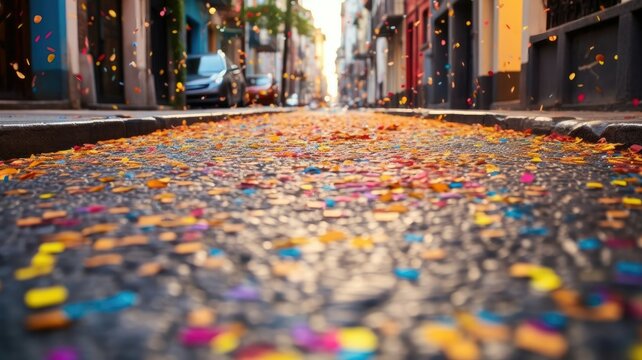Colorful confetti on the street. Generative AI
