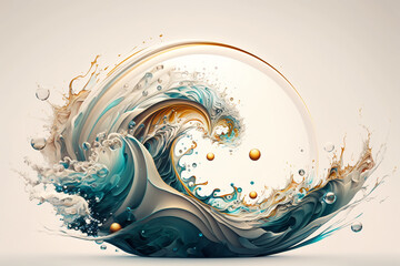 An abstract and original depiction of water. Intricate patterns of splashing waves flow along circular curves.   Generative AI
