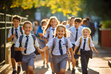 Obraz premium Students excitedly rushing through the school gate, carrying colorful backpacks and waving goodbye to their parents. Back to school