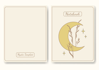 Young moon and meadow grass aesthetic cover design. Mystical drawing