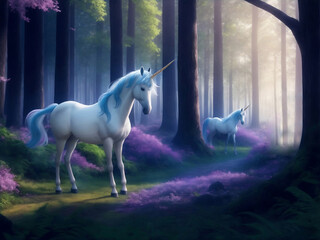 Obraz na płótnie Canvas Unicorn in fairy tale forest, Generative AI Illustration.