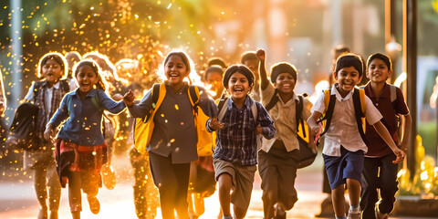 Students excitedly rushing through the school gate, carrying colorful backpacks and waving goodbye to their parents. Back to school