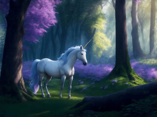 Naklejka na ściany i meble Unicorn in fairy tale forest, Generative AI Illustration.