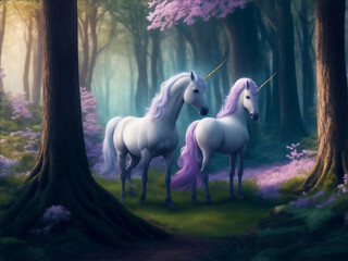 Obraz na płótnie Canvas Unicorn in fairy tale forest, Generative AI Illustration.