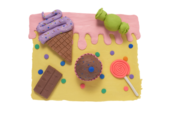 Cute birthday party cupcakes. Set of sweet candies and ice cream cone on a pastel background made by hand with plasticine. Design for patisserie or confectionery