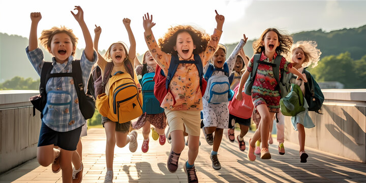 Students excitedly rushing through the school gate, carrying colorful backpacks and waving goodbye to their parents. Back to school