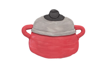 Red cooking pot with lid handmade with plasticine. Cookware kitchen utensils with lids set