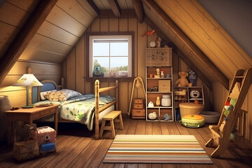 Obraz na płótnie Canvas Interior of children room in country house. Generative AI content