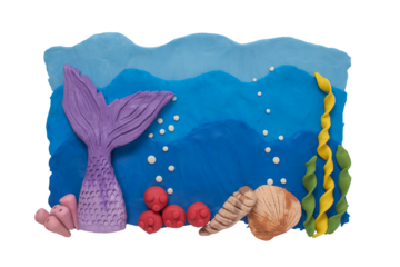 Ocean background with mermaid handmade with plasticine. Mermaid in the sea. Character design with animal and coral set. aquatic life concept. Summer themed craft of plasticine