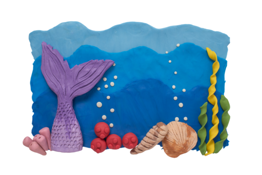 Ocean background with mermaid handmade with plasticine. Mermaid in the sea. Character design with animal and coral set. aquatic life concept. Summer themed craft of plasticine