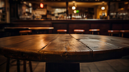 Obraz premium A wooden bar table in the foreground. IA generative.