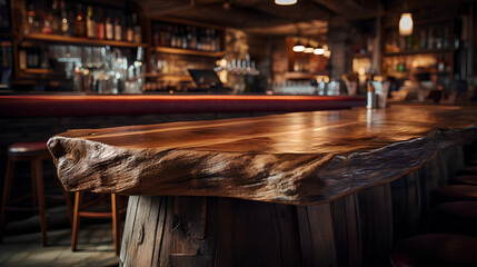 Fototapeta na wymiar A wooden bar table in the foreground. IA generative.