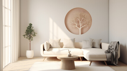Stylish Living Room Interior with Art Installation, Modern interior design, 3D render, 3D illustration