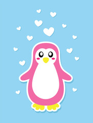 Adorable fully editable pink penguin in love with hearts around. 