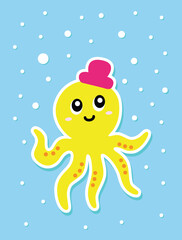 Adorable fully editable yellow octopus with a tiny hat and bubbles around. 